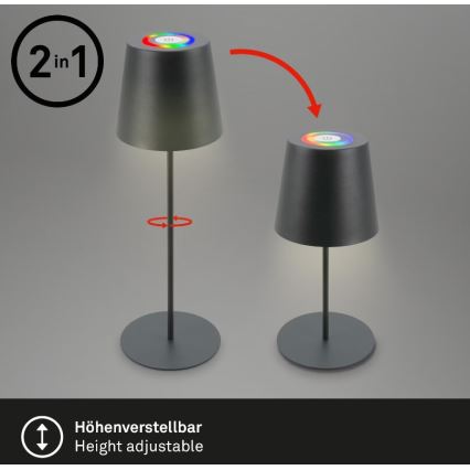 Briloner 7507015 - LED RGB himmennettävä ladattava ulkokäyttöön tarkoitettu pöytälamppu 2-in-1 LED/2,5W/5V IP44 1200 mAh antrasiitti