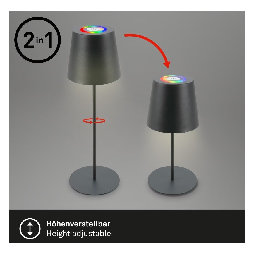 Briloner 7507015 - LED RGB himmennettävä ladattava ulkokäyttöön tarkoitettu 2-in-1 pöytävalaisin LED/2,5W/5V IP44 antrasiitti