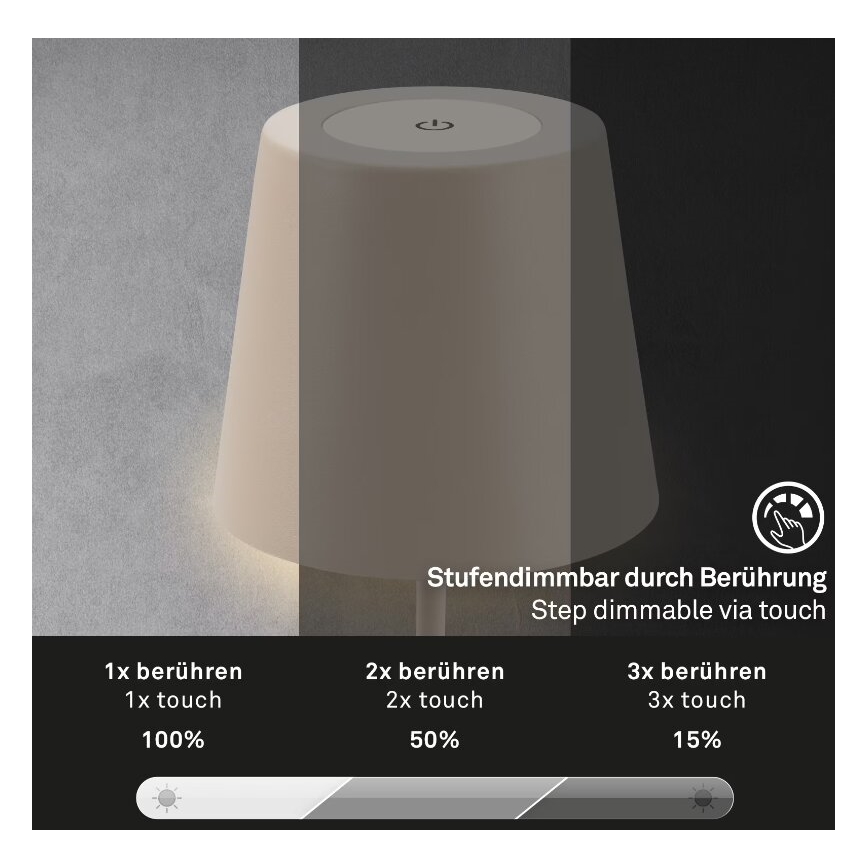 Briloner 7508011 - himmennettävä, ladattava ulkokäyttöön tarkoitettu LED-pöytälamppu 2v1 LED/2,5W/5V IP44 1200 mAh beige