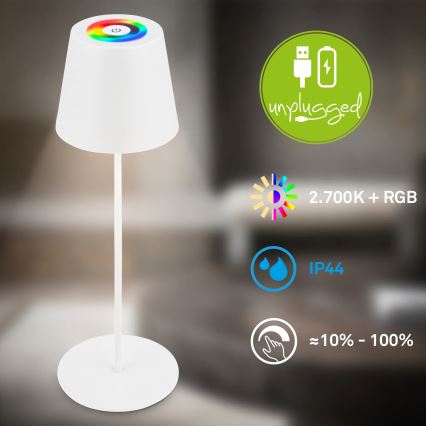 Briloner 7510016 - LED RGBW himmennettävä ulkokäyttöön tarkoitettu ladattava pöytälamppu CALIDA LED/2,5W/5V IP44 1200 mAh valkoinen