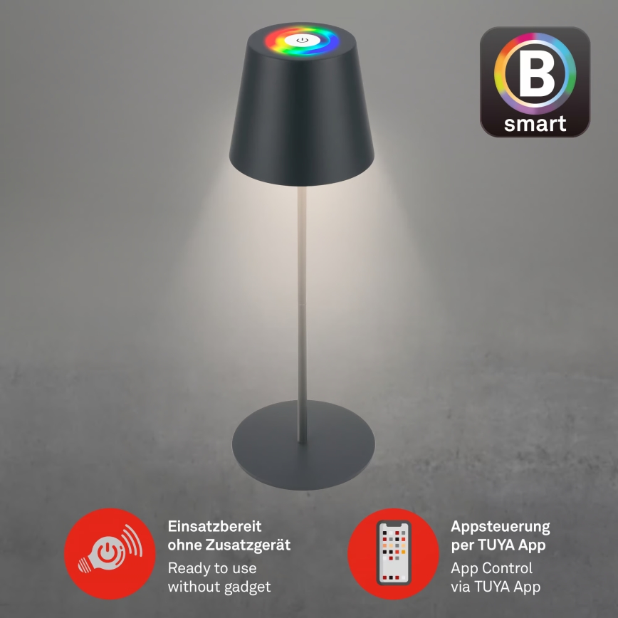 Briloner 7559015 - LED RGB himmennettävä ladattava ulkokäyttöinen pöytävalaisin COLORIS LED/3,5W/5V IP44 2000 mAh antrasiitti Wi-Fi Tuya
