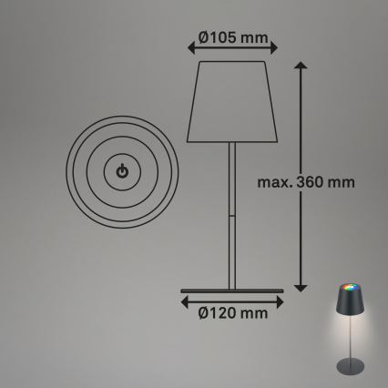 Briloner 7559015 - LED RGB himmennettävä ladattava ulkokäyttöinen pöytävalaisin COLORIS LED/3,5W/5V IP44 2000 mAh antrasiitti Wi-Fi Tuya