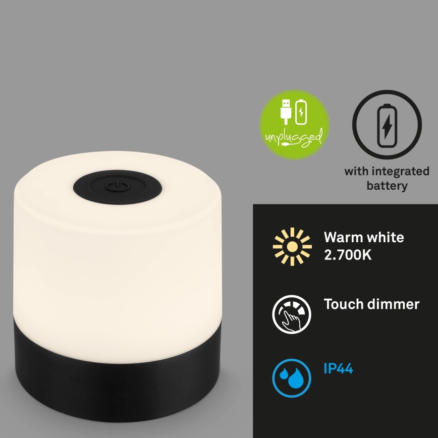 Briloner - Ladattava LED-pöytälamppu, himmennettävä, kosketusohjattu, ulkokäyttöön, LED/2W/5V, 2700K, IP44, 1200 mAh, musta