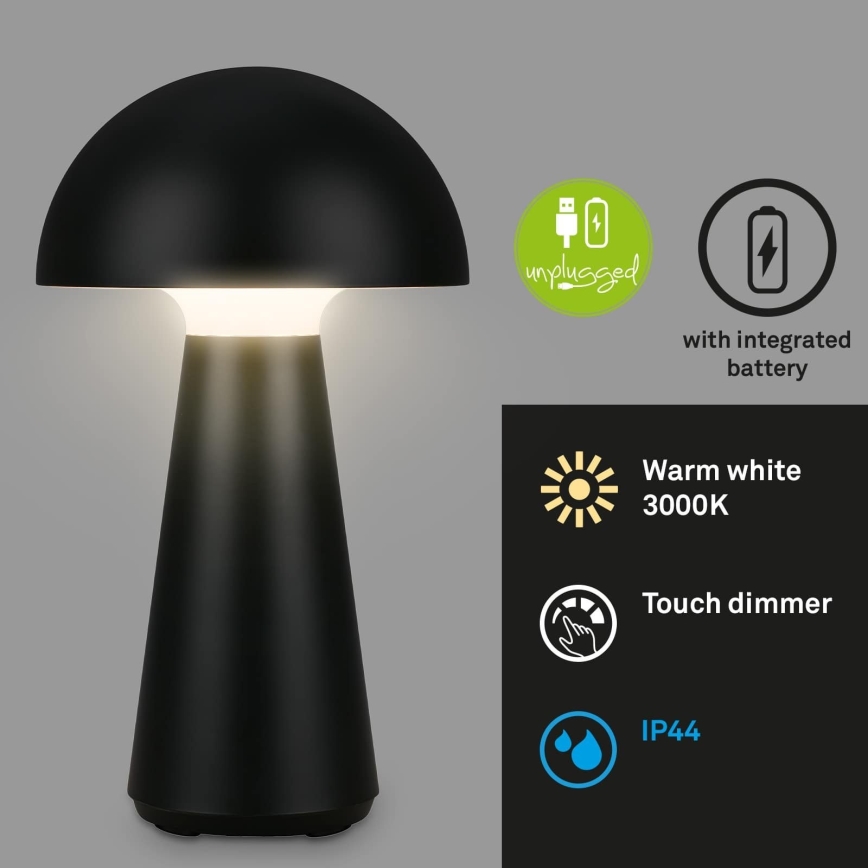 Briloner - himmennettävä, ladattava, kosketusohjattu ulkokäyttöön tarkoitettu pöytälamppu LED/2,6W/5V 3000K IP44 2000 mAh musta