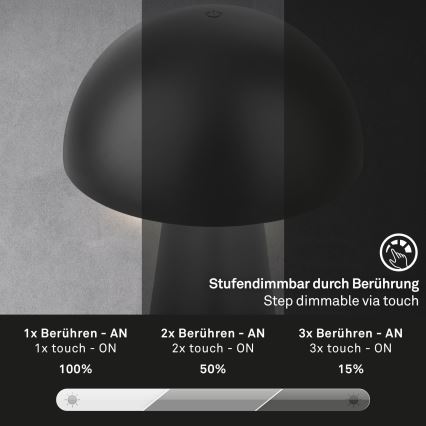 Briloner - himmennettävä, ladattava, kosketusohjattu ulkokäyttöön tarkoitettu pöytälamppu LED/2,6W/5V 3000K IP44 2000 mAh musta