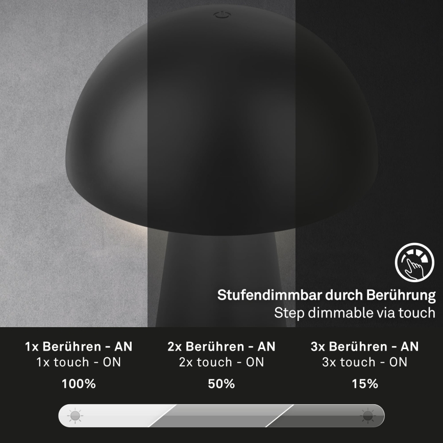 Briloner - himmennettävä, ladattava, kosketusohjattu ulkokäyttöön tarkoitettu pöytälamppu LED/2,6W/5V 3000K IP44 2000 mAh musta