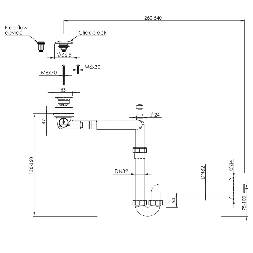 Bruckner - Altaan ansa jätteen kanssa huonekalu CLICK-CLACK DN32 valkoinen/kiiltävä kromi