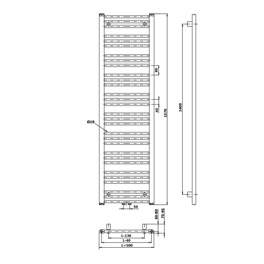 Bruckner - Kylpyhuone jäähdytin ALBRECHT 657W/230V 50x157 cm matta musta