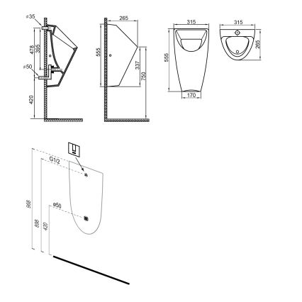 Bruckner - Pisuaari SCHWARN takavedensyöttö, takaviemäröinti + sisäänrakennettu huuhtelulaite 6V DC musta