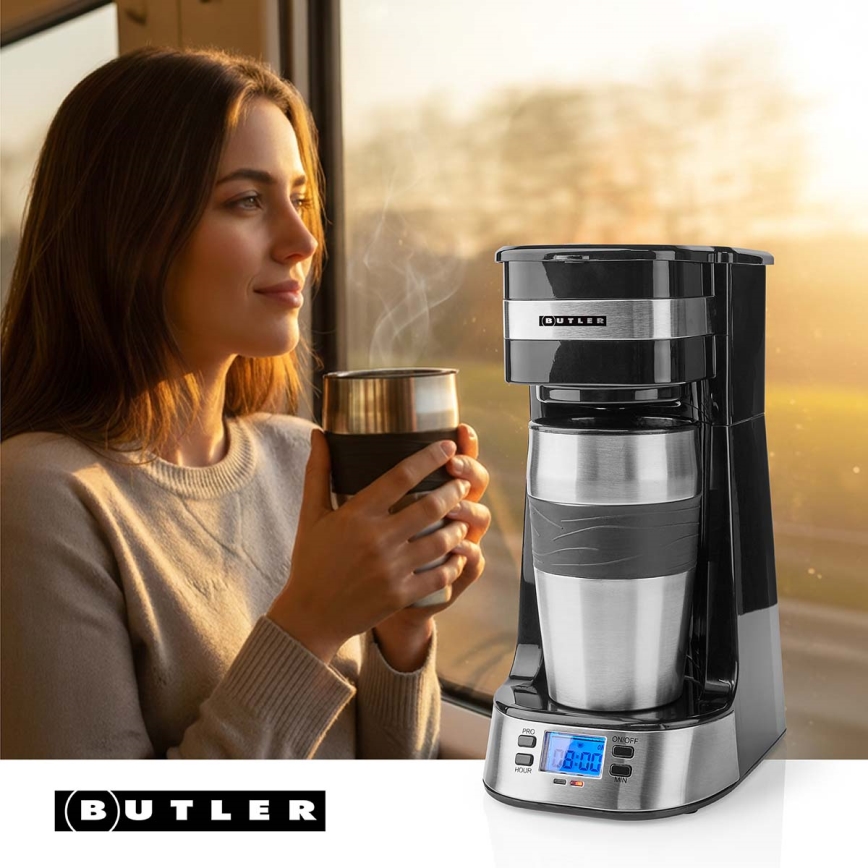 Butler - Yhden kupin kahvinkeitin 0,4 l ajastimella ja matkamukilla 750 W/230 V ruostumaton teräs/musta