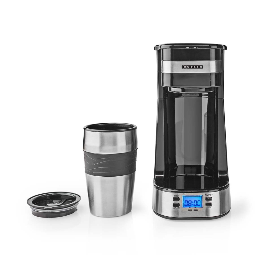 Butler - Yhden kupin kahvinkeitin 0,4 l ajastimella ja matkamukilla 750 W/230 V ruostumaton teräs/musta