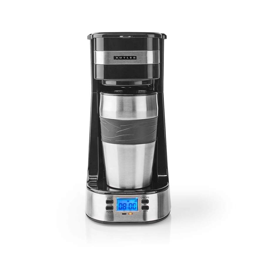 Butler - Yhden kupin kahvinkeitin 0,4 l ajastimella ja matkamukilla 750 W/230 V ruostumaton teräs/musta