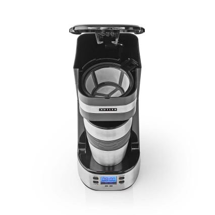 Butler - Yhden kupin kahvinkeitin 0,4 l ajastimella ja matkamukilla 750 W/230 V ruostumaton teräs/musta