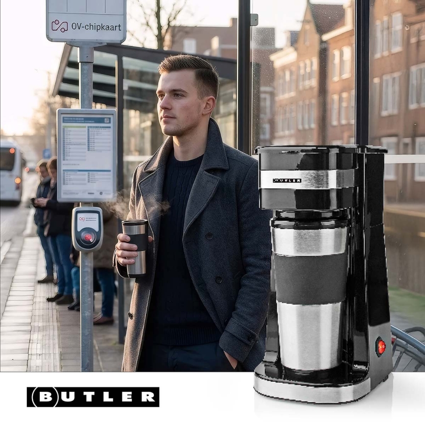 Butler - yhden kupin kahvinkeitin 0,4 l matkamukin kanssa 750W/230V ruostumaton teräs/musta