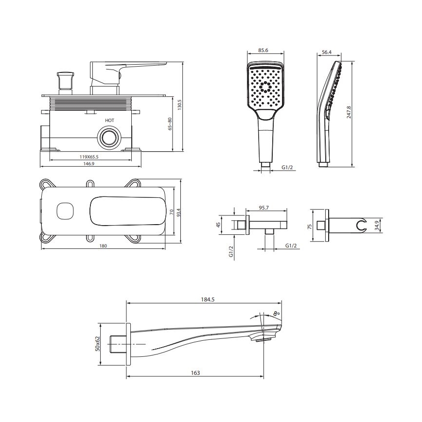 Cersanit S952-039 - Kylpyammeen setti LARGA upotettavalla hanalla, kiiltävä kromi