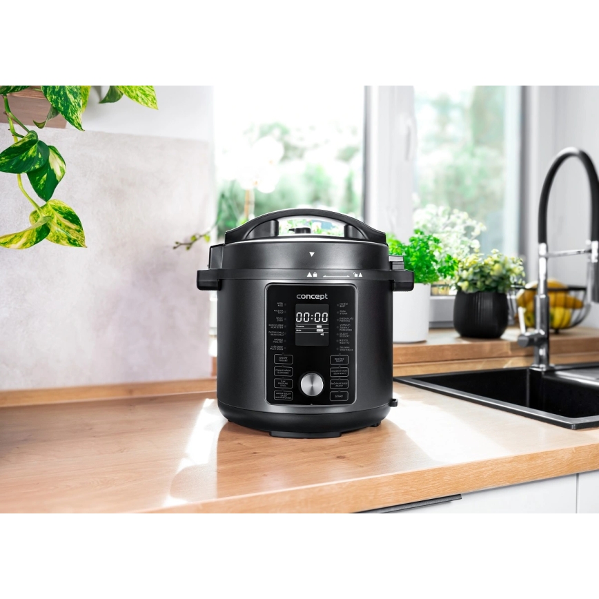 Concept CK8000 - Monitoiminen sähköinen painekeitin ja kuumailmafriteeraus 5,6 l, 11 toimintoa, 1500 W/230 V, musta