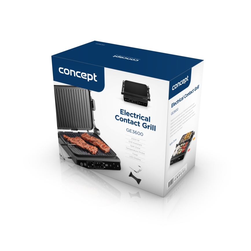 Concept ge3600 - Kontaktigrilli lämpötila-anturin kanssa GLASS 2000W/230V musta