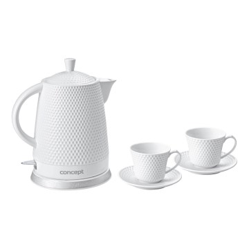 Concept RK0040 - Vedenkeitin 1,5 l 1500W/230V valkoinen/keramiikka + 2 kuppia lautasineen