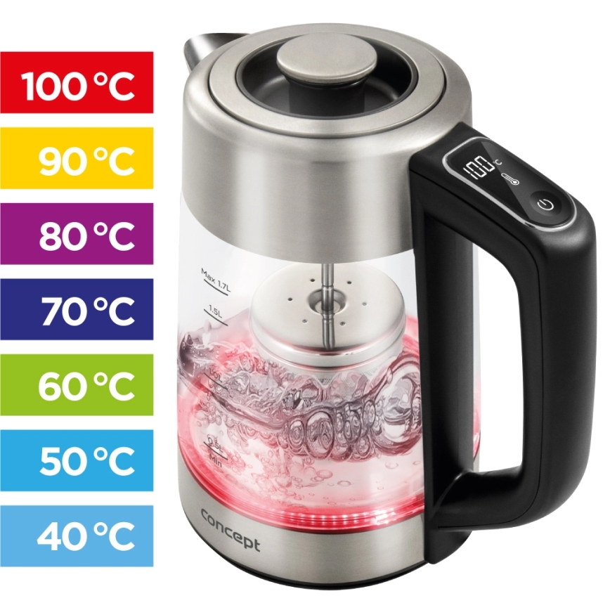 Concept RK4190 - Nopea vedenkeitin lämpötilansäädöllä ja suodattimella 1,7 l 2200W/230V ruostumatonta terästä