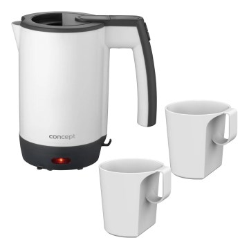 Concept RK7030 - Matkavedenkeitin 0,5 l 1080W/230V harmaa/valkoinen + 2 kuppia