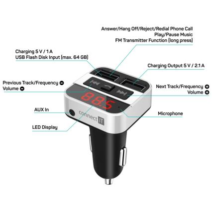 CONNECT IT CCC-8800-SL - FM-lähetin autoon handsfree-toiminnolla musta/hopea
