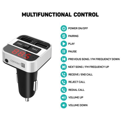 CONNECT IT CCC-8800-SL - FM-lähetin autoon handsfree-toiminnolla musta/hopea