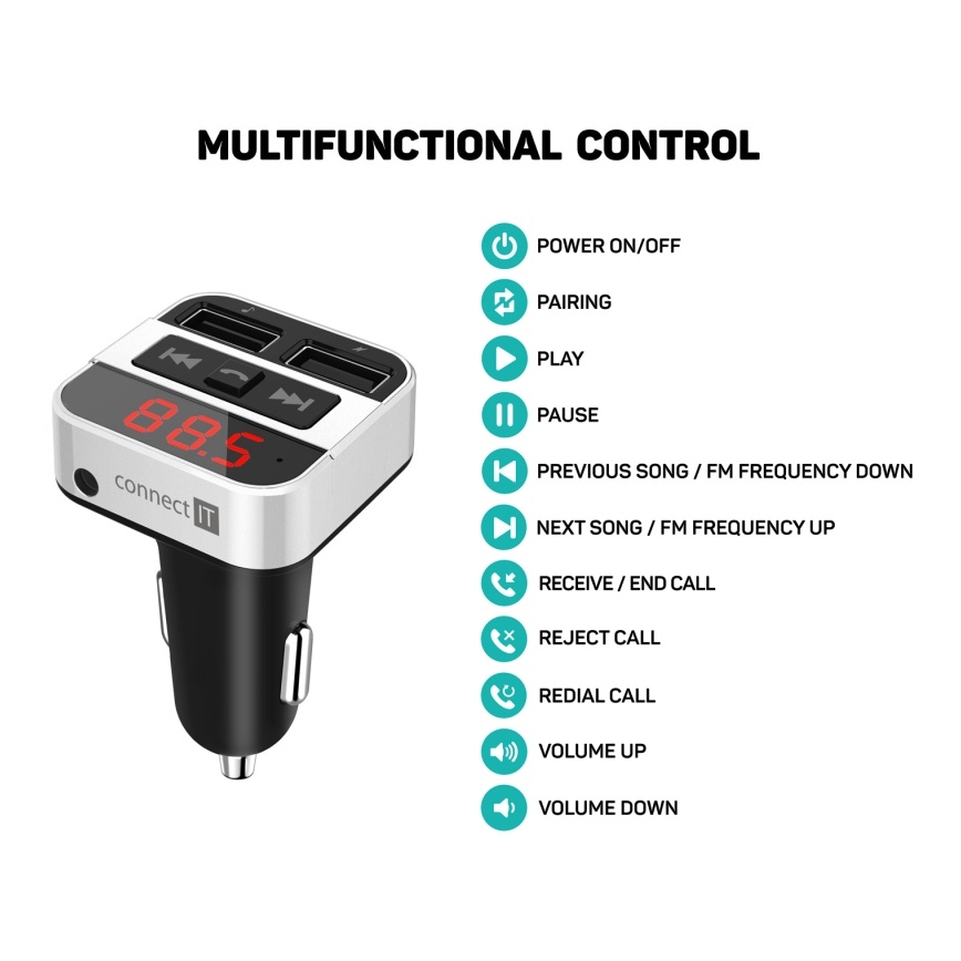 CONNECT IT CCC-8800-SL - FM-lähetin autoon handsfree-toiminnolla musta/hopea