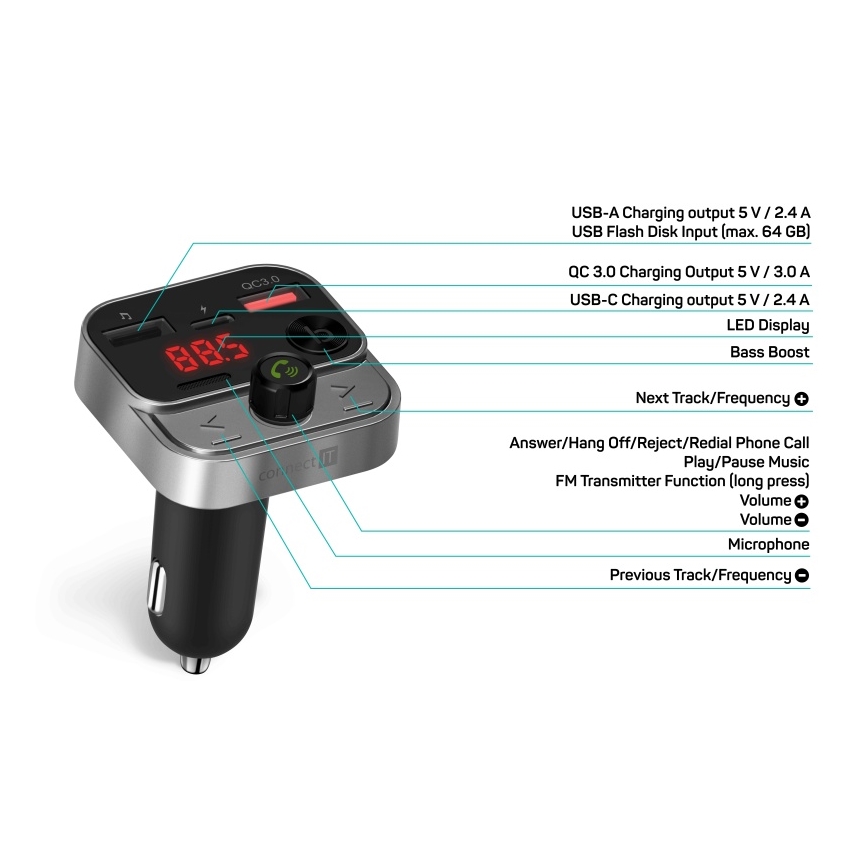 CONNECT IT CCC-8900-AN - FM-lähetin autoon handsfree-toiminnolla musta/hopea