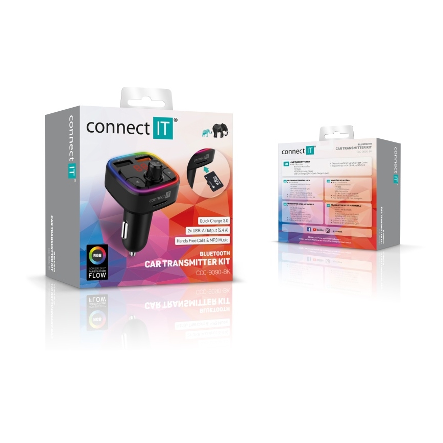 CONNECT IT CCC-9090-BK - LED RGB FM autolähetin handsfree-toiminnolla musta