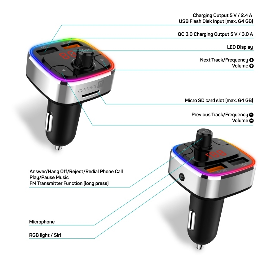CONNECT IT CCC-9090-SL - LED RGB FM autolähetin handsfree-toiminnolla musta/hopea