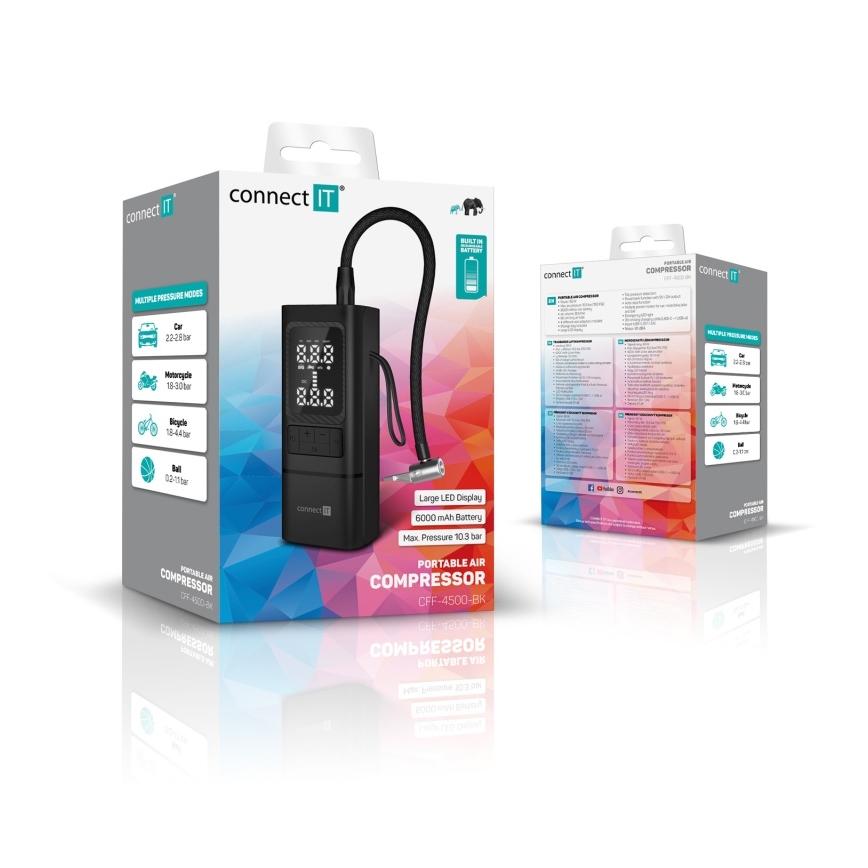 CONNECT IT CFF-4500-BK - Digitaalinen taskukokoinen AirFlow-kompressori 80 W/6000 mAh, musta