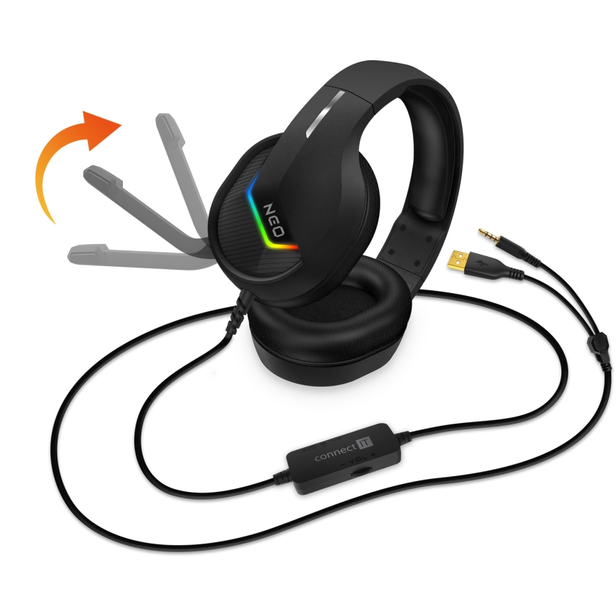CONNECT IT CHP-3595-BK - LED RGB Langalliset pelikuulokkeet mikrofonilla musta