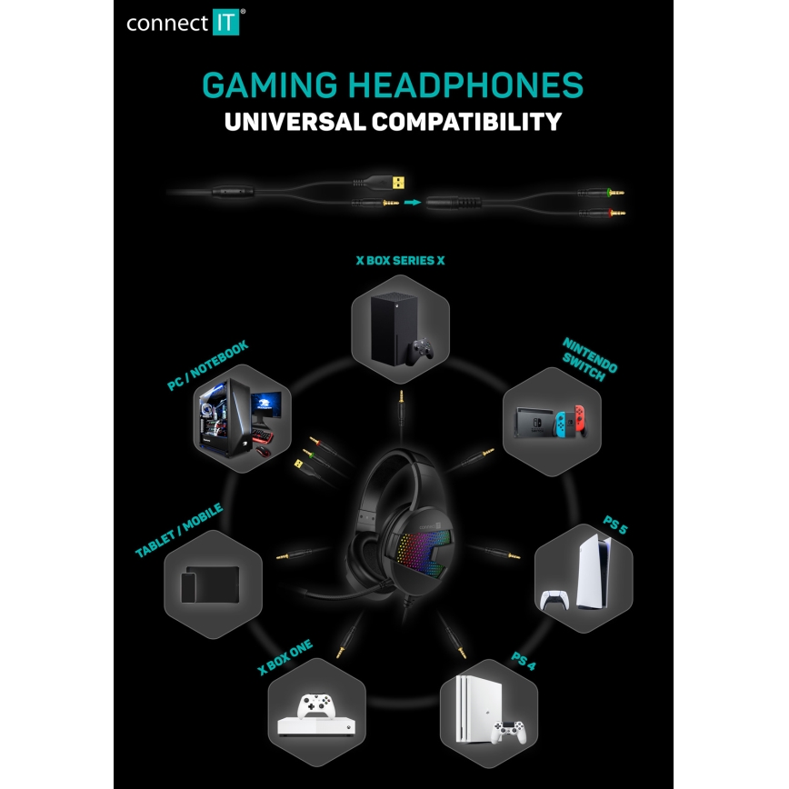 CONNECT IT CHP-3595-BK - LED RGB Langalliset pelikuulokkeet mikrofonilla musta