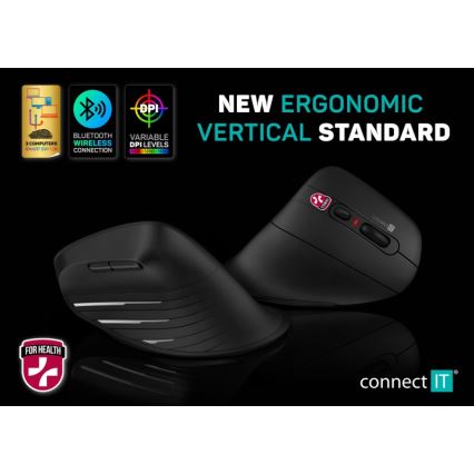 CONNECT IT CMO-2880-BK - Verti TriMode ergonominen langaton hiiri 1000/1600/2400 DPI 2xAAA musta