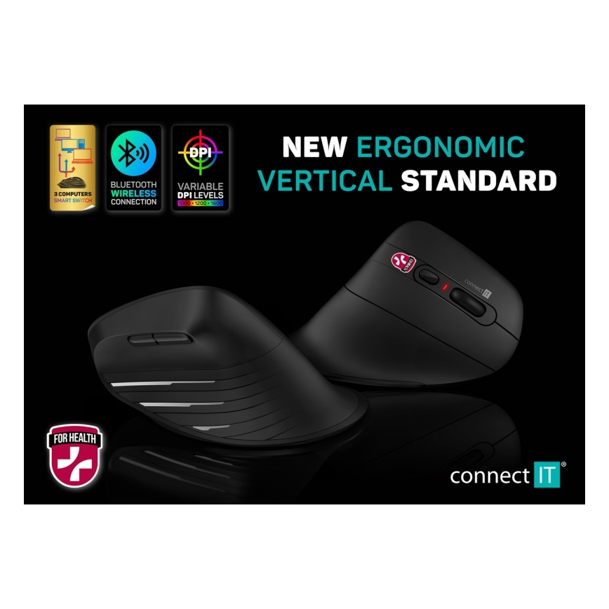 CONNECT IT CMO-2880-BK - Verti TriMode ergonominen langaton hiiri 1000/1600/2400 DPI 2xAAA musta