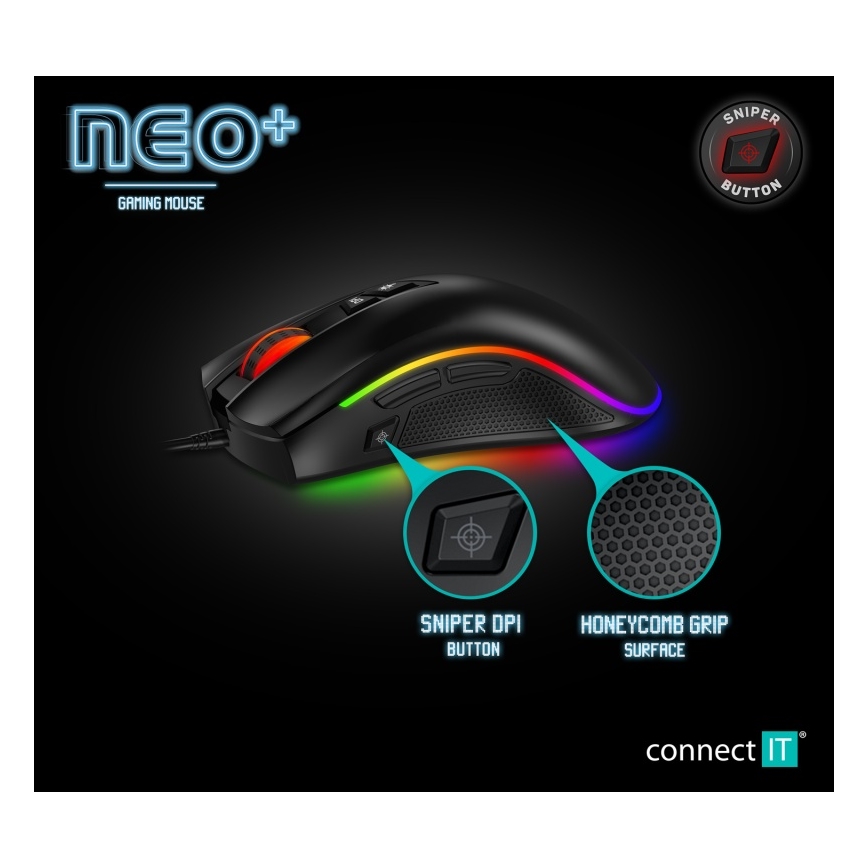 CONNECT IT CMO-3591-BK - Langallinen LED RGB -pelihiiri 500-7200 DPI musta