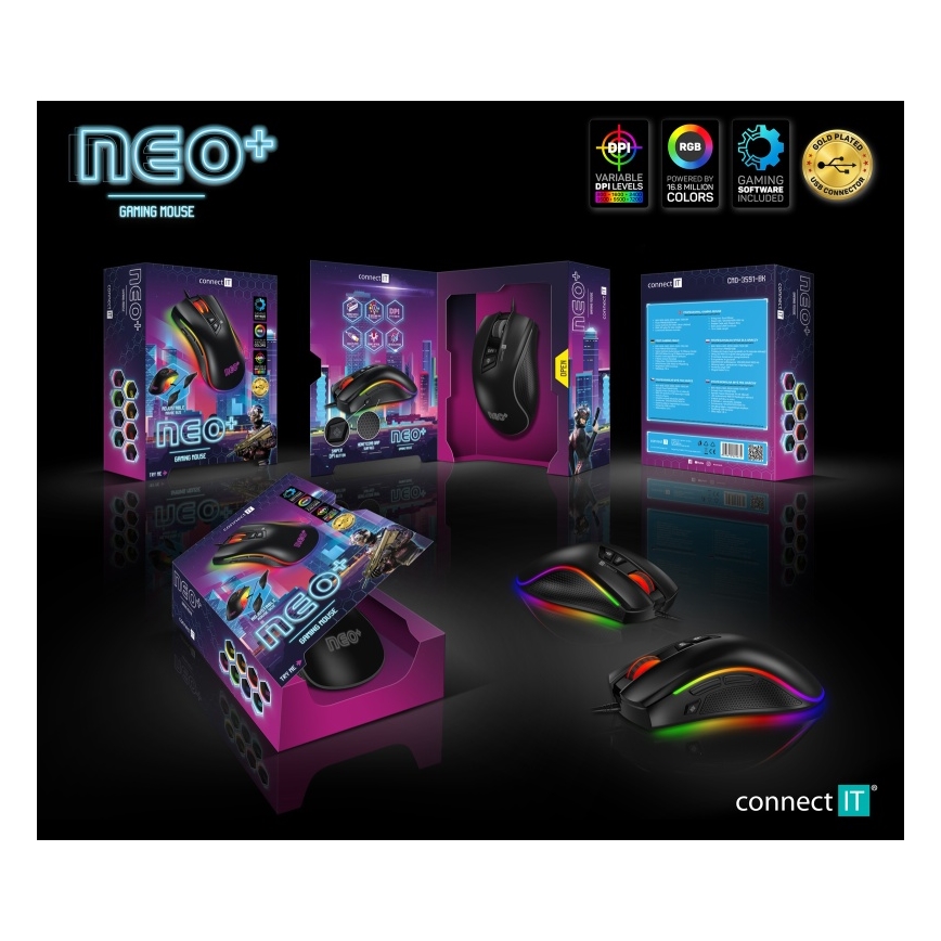 CONNECT IT CMO-3591-BK - Langallinen LED RGB -pelihiiri 500-7200 DPI musta