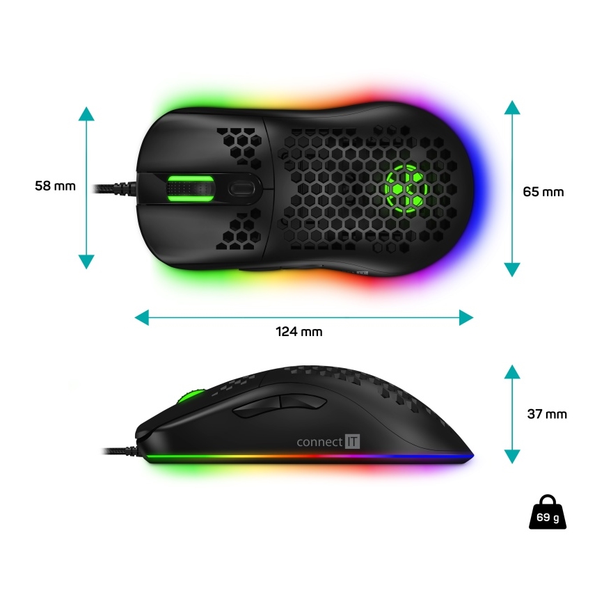 CONNECT IT CMO-5511-BK - Langallinen LED RGB -pelihiiri 200-12800 DPI musta