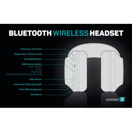 CONNECT IT HHP-3010-BK - Langattomat kuulokkeet mikrofonilla 500 mAh musta