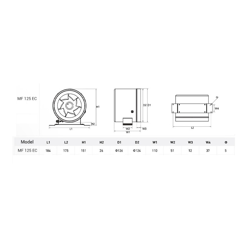 Dalap 24MF125 - Kanavapuhallin energiatehokkaalla moottorilla ja nopeussäätimellä MF 125 EC 20W/230V