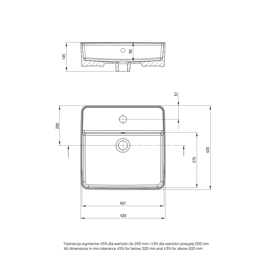 Deante CGS_6U4B - Tasoon asennettava pesuallas, jossa hana-aukko SQUARE 42x42 cm keramiikka/valkoinen