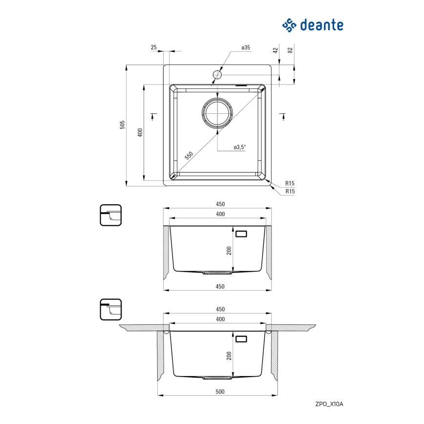 Deante ZPO_010A - Keittiön pesuallas OLFATO 50,5x45 cm harjattu teräs