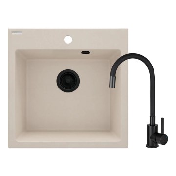 Deante ZQJN5103 - Keittiön pesuallas EVORA 50x50 cm + pesualtaan hana joustavalla kädellä graniitti/beige