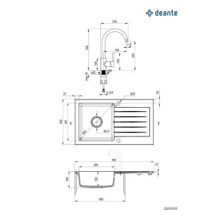 Deante ZQZVT113 - Keittiöallas ZORBA 76x44 cm + allashana graniitti/metallinen antrasiitti