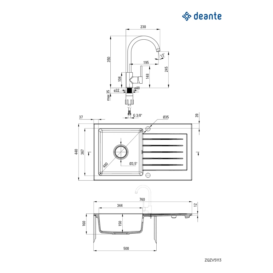 Deante ZQZVT113 - Keittiöallas ZORBA 76x44 cm + allashana graniitti/metallinen antrasiitti