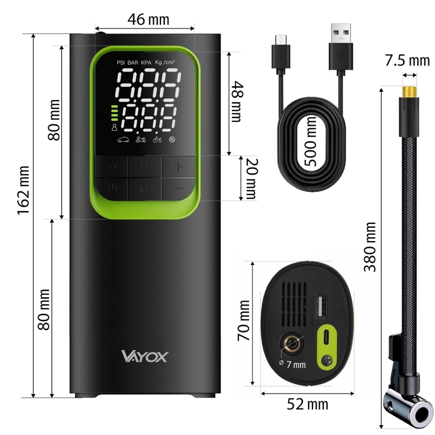 Digitaalinen taskukompressori 5 V 8000 mAh, musta
