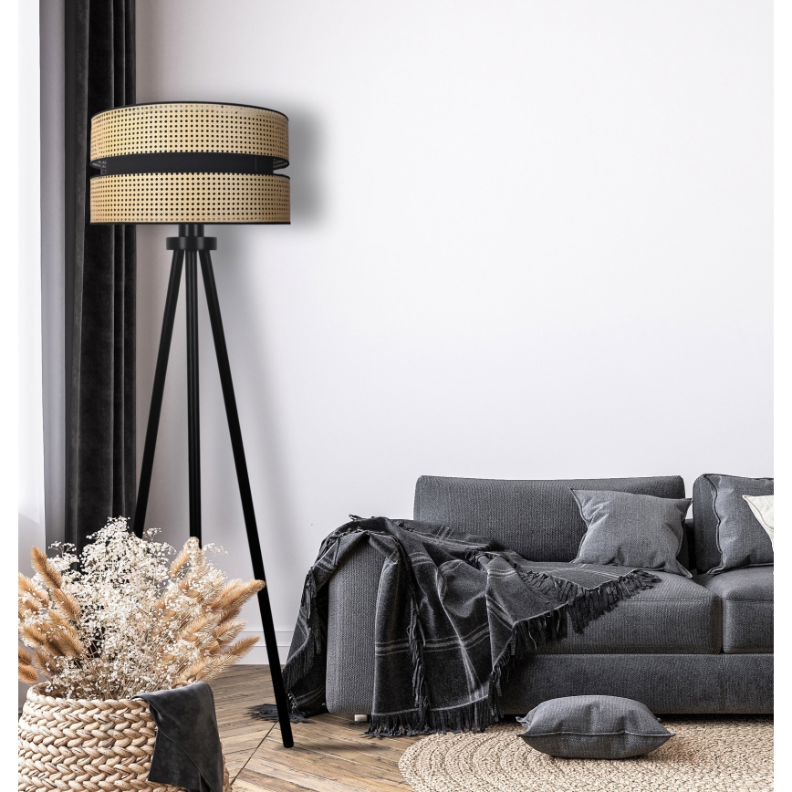 Duolla - Lattialamppu DUO 1xE27/15W/230V halkaisija 40 cm rottinki/musta