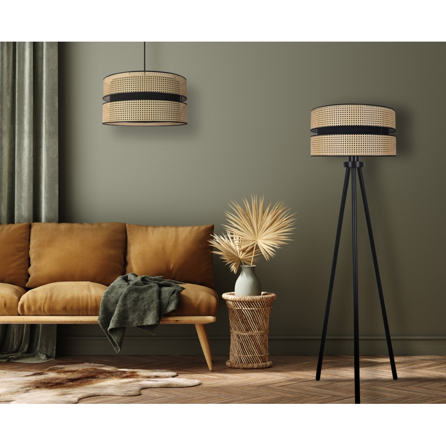 Duolla - Lattialamppu DUO 1xE27/15W/230V halkaisija 40 cm rottinki/musta