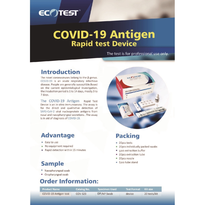 ECOTEST RAPID - Antigeenin pikatesti COVID-19, pakkaus 20kpl