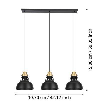 Eglo - Kattokruunu johdossa 3xE27/40W/230V musta/kulta
